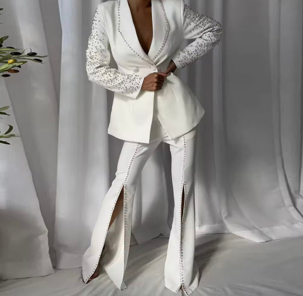 Women White Rhinestone Button Up Blazer Two Piece Split Pant Set