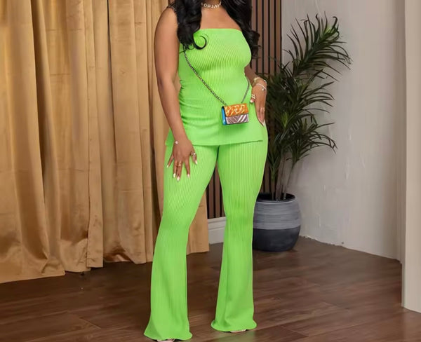 Women Ribbed Strapless Color Fashion Two Piece Pant Set