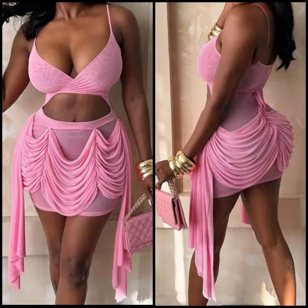 Women Sexy Sleeveless Pink Draped Tassel Mesh Dress