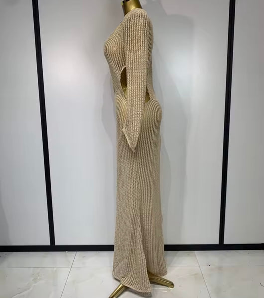 Women Sexy Cut Out Full Sleeve Knitted Maxi Dress