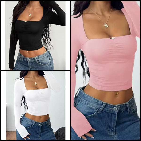 Women Fashion Color Open Back Full Sleeve Crop Top