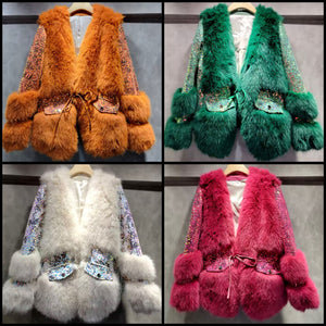 Women Fashion Color Sequins Faux Fur Jacket