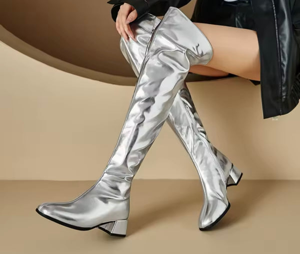 Women Color Metallic Fashion Zip Up Flat Knee High Boots