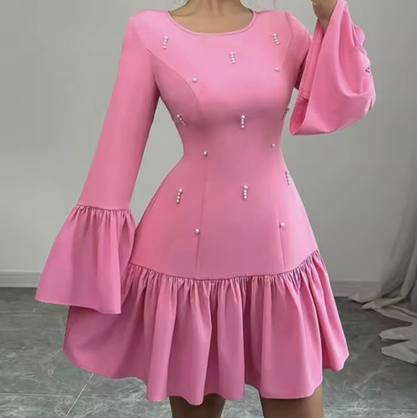 Women Pink Beaded Full Flare Sleeve Ruffled Sexy Dress