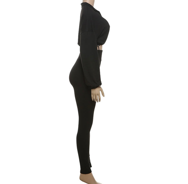 Women Fashion Solid Color Zip Up Full Sleeve Crop Two Piece Pant Set