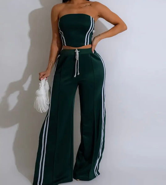 Women Color Sexy Strapless Striped Two Piece Pant Set