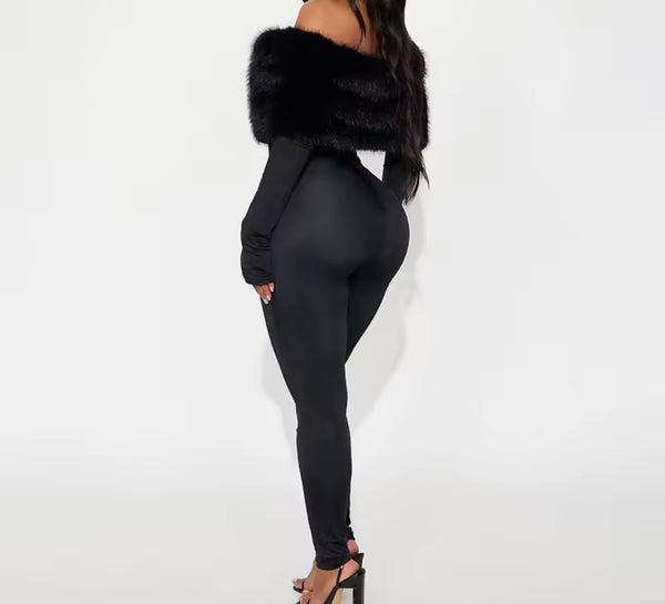 Women Fur Off The Shoulder Full Sleeve Fashion Jumpsuit