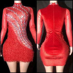Women Sexy Red Bling Mesh Patchwork Full Sleeve Velour Dress