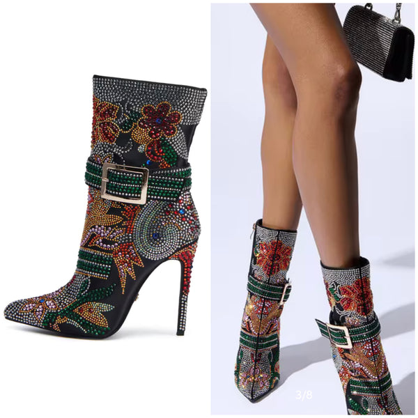 Women Fashion Buckled Colorful Bling High Heel Ankle Boots