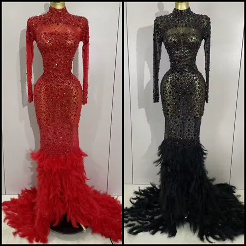 Women Sexy Color Crystal Feather Full Sleeve Mesh Maxi Dress