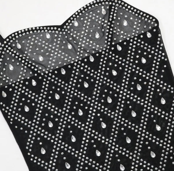 Women Sexy Sleeveless Bling Crystal Mesh Maxi Dress