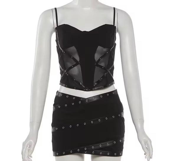 Women Sexy Black Sleeveless Mesh Rivet Patchwork Two Piece Skirt Set