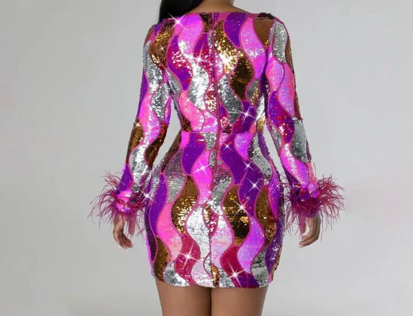 Women Sexy Feather Full Sleeve Colorful Sequins Dress