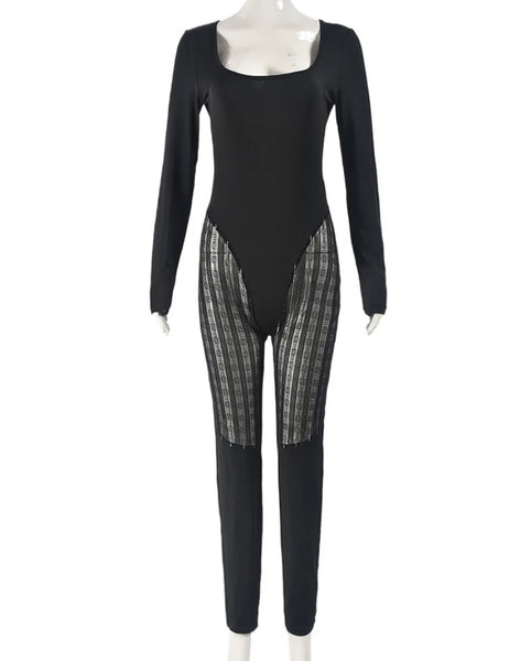 Women Black Sexy Full Sleeve Mesh Patchwork Jumpsuit