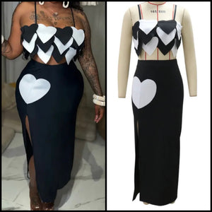 Women Sexy Sleeveless B&W Heart Two Piece Maxi Skirt Set