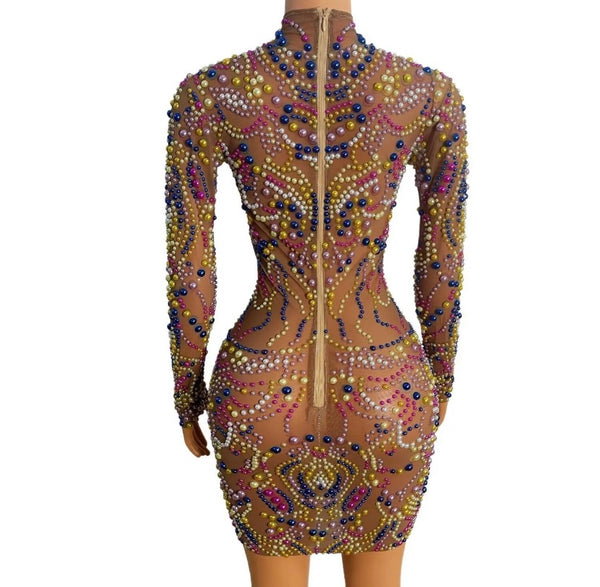 Women Sexy Full Sleeve Colorful Beaded Mesh Dress