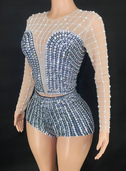 Women Sexy Beaded Bling Full Sleeve Two Piece Mesh Short Set