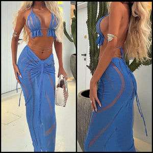 Women Blue Sexy Halter Sleeveless Two Piece Short Set