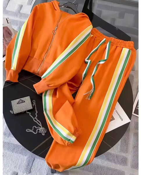 Women Color Patchwork Striped Hooded Two Piece Tracksuit Pant Set