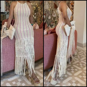 Women Sexy Sleeveless Striped Tassel Knitted Maxi Dress