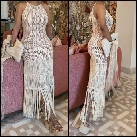 Women Sexy Sleeveless Striped Tassel Knitted Maxi Dress