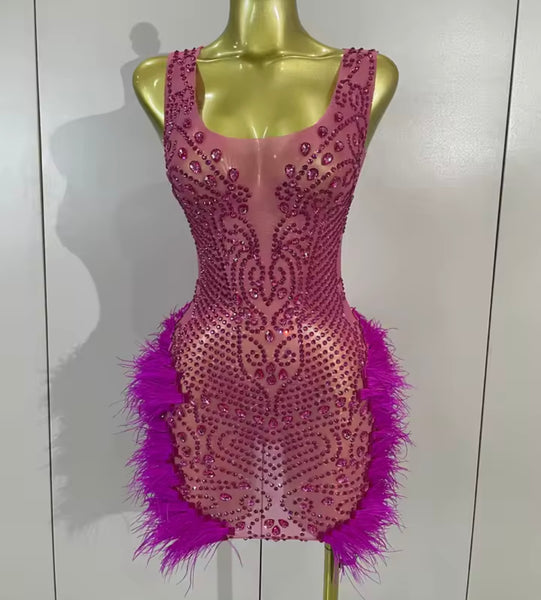 Women Sexy Sleeveless Pink Feather Rhinestone Dress