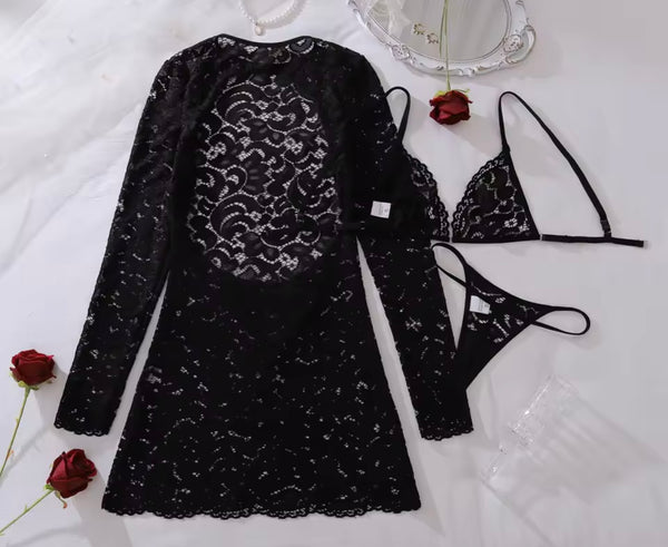 Women Black Lace Sexy Full Sleeve Three Piece Lingerie Set
