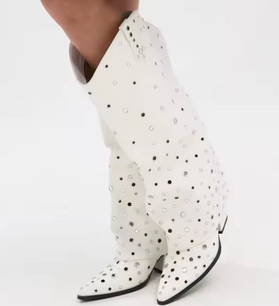 Women Fashion White Bling Rivet Knee High Western Boots
