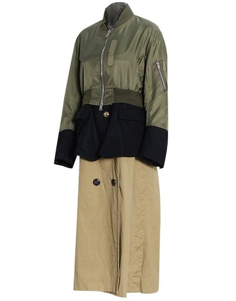 Women Fashion Color Patchwork Zip Up Trench Jacket