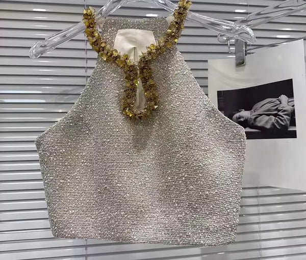 Women Gold Sequins Patchwork Tweed Three Piece Short Set