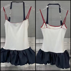Women Sexy Halter Sleeveless Color Patchwork Bubble Dress