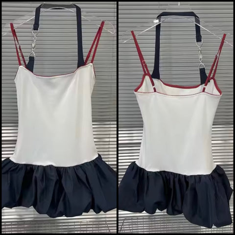 Women Sexy Halter Sleeveless Color Patchwork Bubble Dress