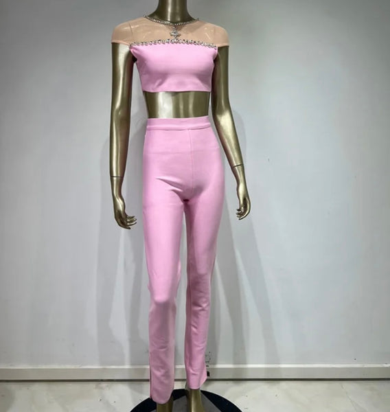 Women Sexy Pink Bling Mesh Patchwork Two Piece Pant Set