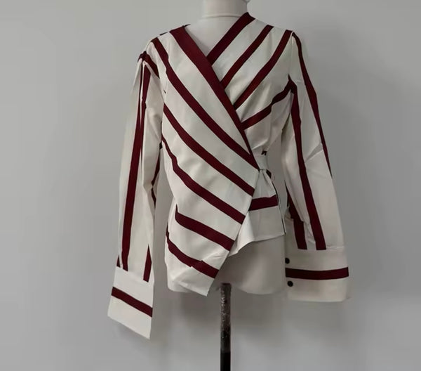 Women Fashion Striped Full Sleeve Wrap Blazer Top