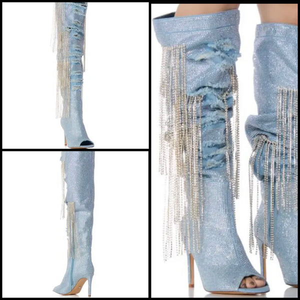 Women Fashion Open Toe Bling Tassel Denim Over The Knee Boots