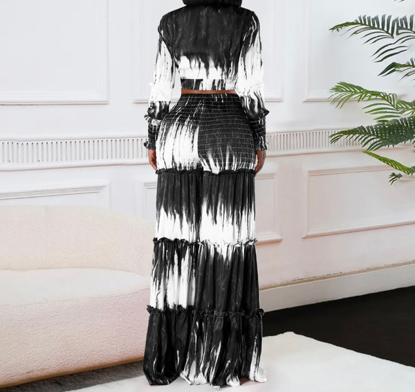 Women Fashion B&W Printed Full Sleeve Two Piece Wide Leg Pant Set