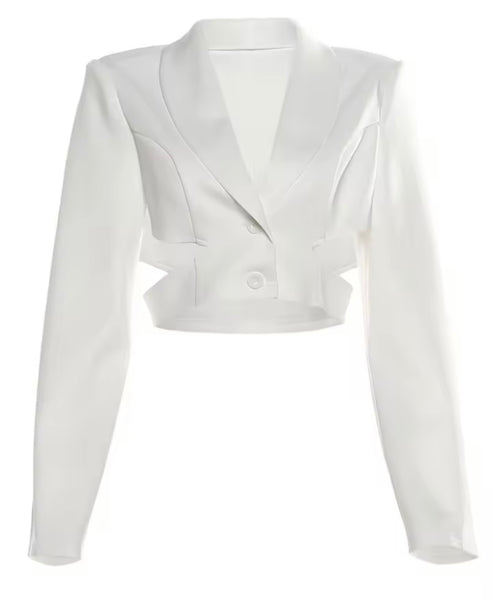 Women White Button Up Full Sleeve Cut Out Crop Blazer Top