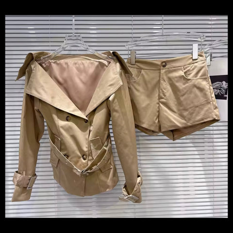 Women Fashion Khaki Full Sleeve Blazer Two Piece Short Set