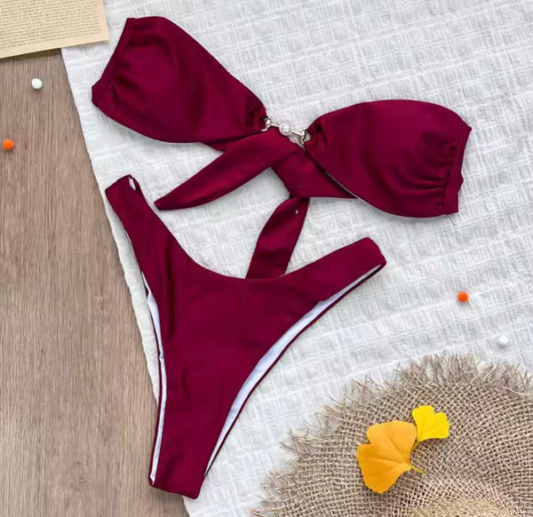Women Burgundy Sexy Strapless Bikini Swimsuit