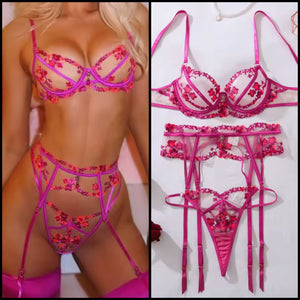 Women Sexy Pink Floral Print Mesh Lingerie Set
