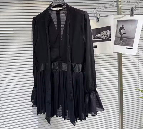 Women Sexy Crystal Chiffon Ruffle Full Sleeve Two Piece Pleated Skirt Set