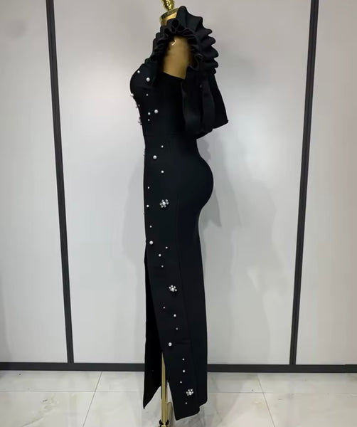 Women Sexy Black Rhinestone Pearl Sleeveless Maxi Dress