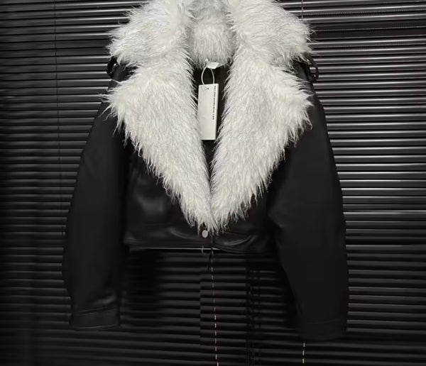 Women B&W Fur Faux Leather Back Zipper Jacket