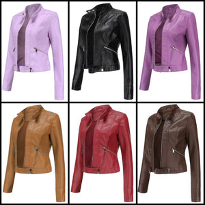 Women Color Zip Up Faux Leather Jacket