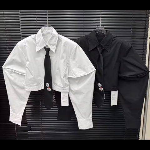 Women Fashion Black/White Tie Full Sleeve Crop Top