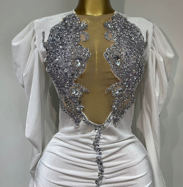 Women Sexy Velour Rhinestone Mesh Full Sleeve Ruched Dress