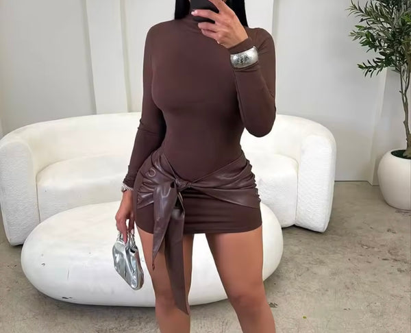 Women Color Fashion Faux Leather Wrap Full Sleeve Dress