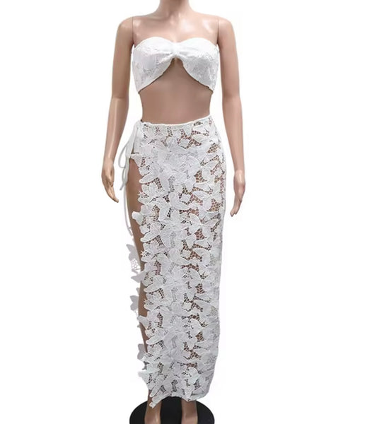 Women Color Sexy Strapless Bikini  Lace Cover Up Set