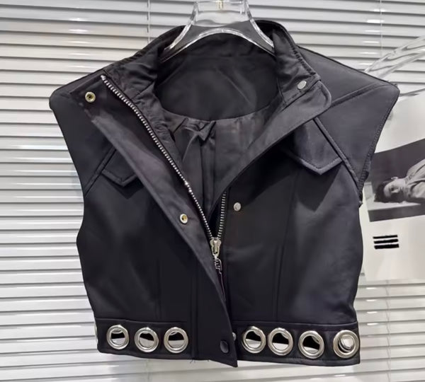 Women Fashion Zipper Button Up Metal Ring Vest Jacket