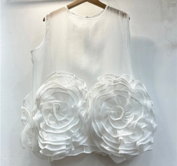 Women Ruffled Floral Mesh Sleeveless Fashion Top